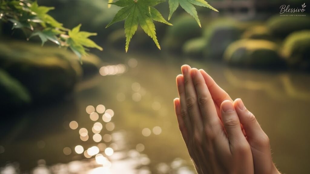 Green leaves and calm water reflecting sunlight in a peaceful afternoon scene — capturing serenity, balance, and the calm of afternoon blessings for peace.