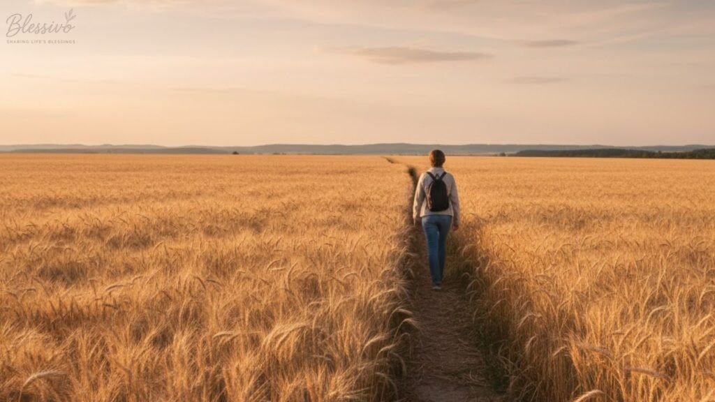 Peaceful person walking through golden fields representing faith and prayers to calm anxiety and fear
