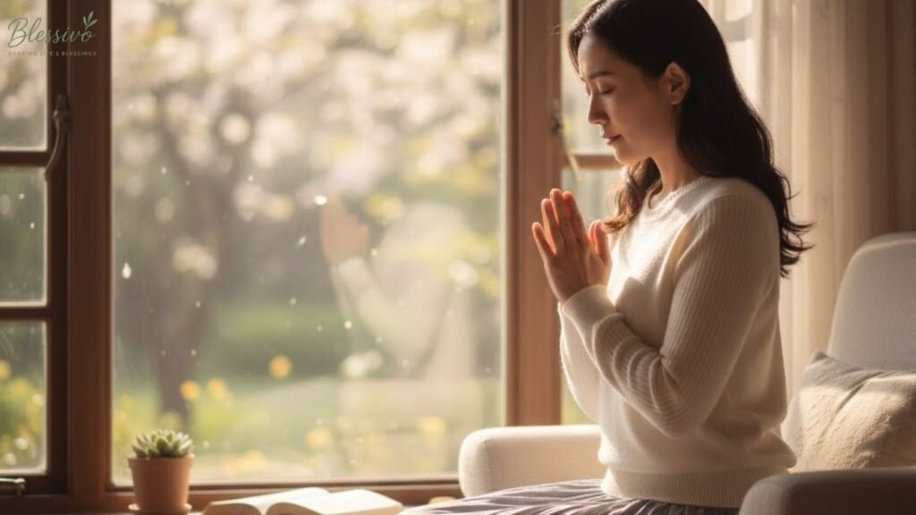 A Christian woman praying for peace and strength through prayers to calm anxiety and fear