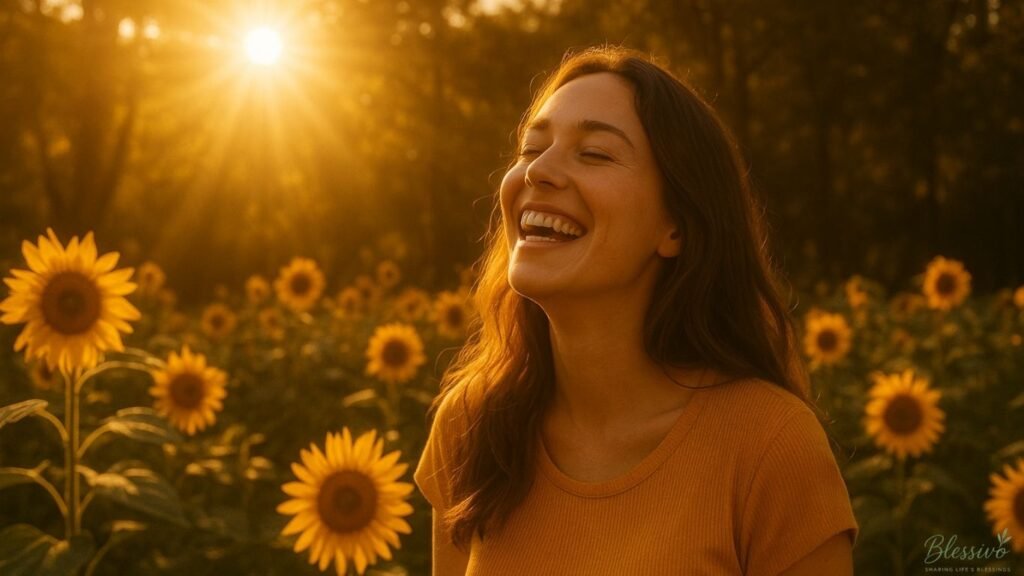 Smiling person enjoying golden afternoon sunlight among blooming flowers — expressing gratitude and happiness through afternoon blessings for positivity and joy.