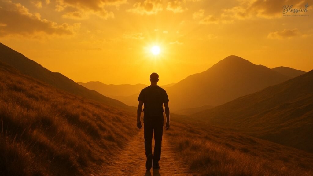 Person walking along a bright mountain trail during afternoon light — symbolizing perseverance, faith, and divine power in afternoon blessings for strength.