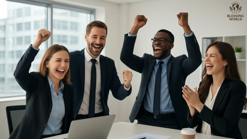Success and Career Blessings – workplace team celebrating success.”