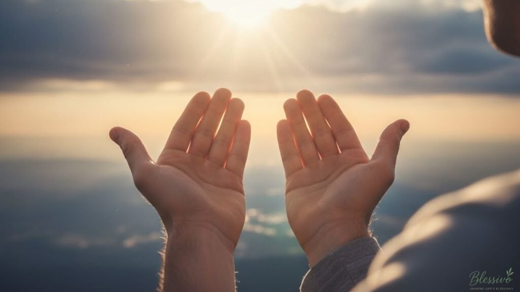 Open Bible glowing in warm afternoon sunlight, with hands lifted toward the sky — symbolizing faith, devotion, and divine trust in faith-filled afternoon blessings.