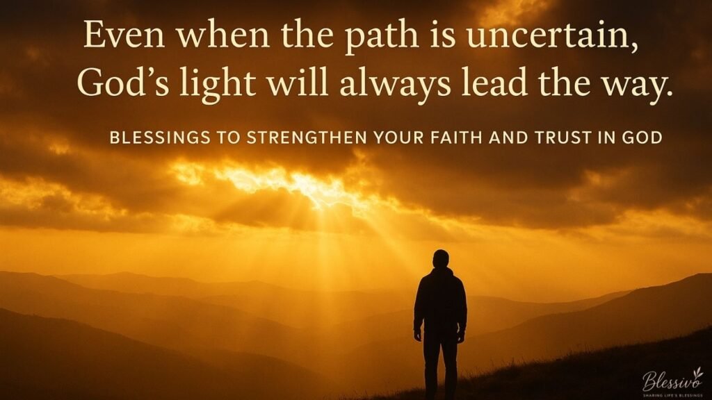 A person standing in sunlight on a mountain, symbolizing divine peace and blessings to strengthen your faith and trust in God.