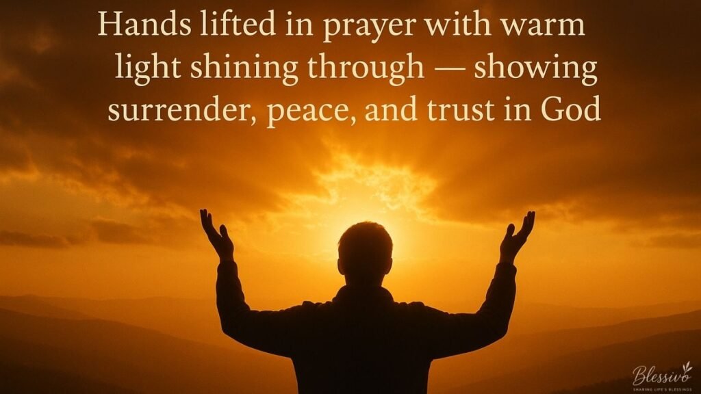Hands lifted in prayer under sunlight, reflecting blessings to strengthen your faith and trust in God through surrender and peace.