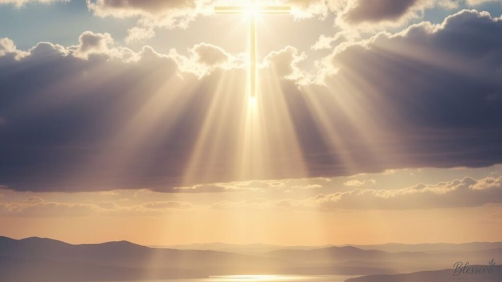 Soft golden sunrise over calm water symbolizing renewal, divine peace, and blessings to strengthen your faith and trust in God.
