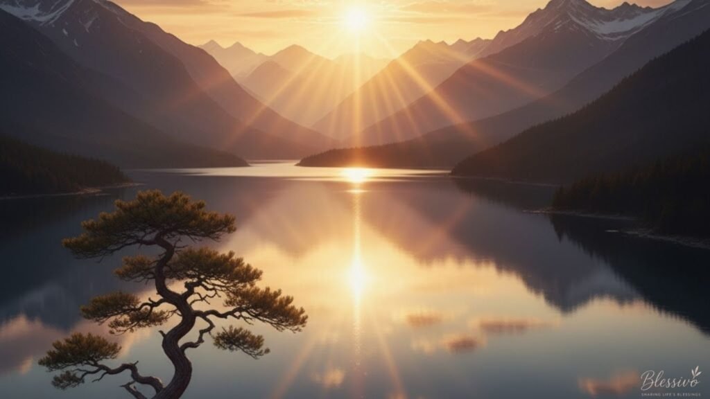 Soft golden sunrise over calm water symbolizing renewal, divine peace, and blessings to strengthen your faith and trust in God.