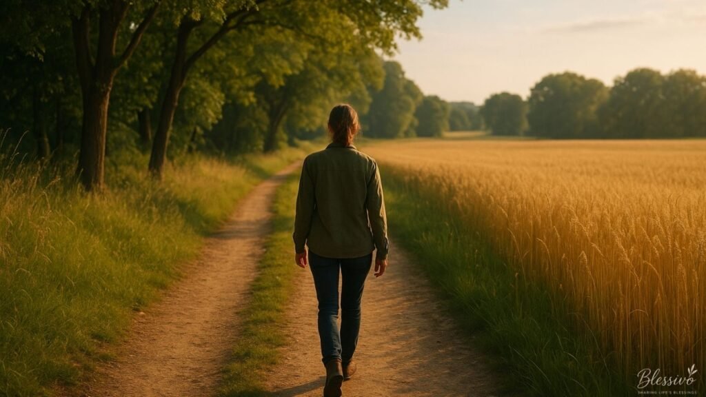 A person walking on a peaceful path through sunlight and trees, representing blessings to strengthen your faith and trust in God.