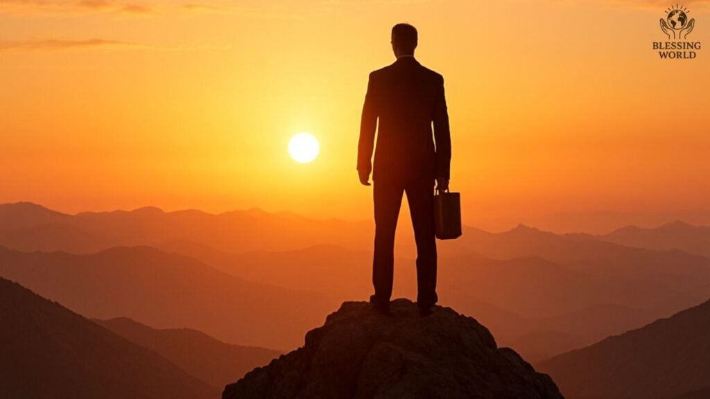 Success blessings – man on mountain peak reaching for goals
